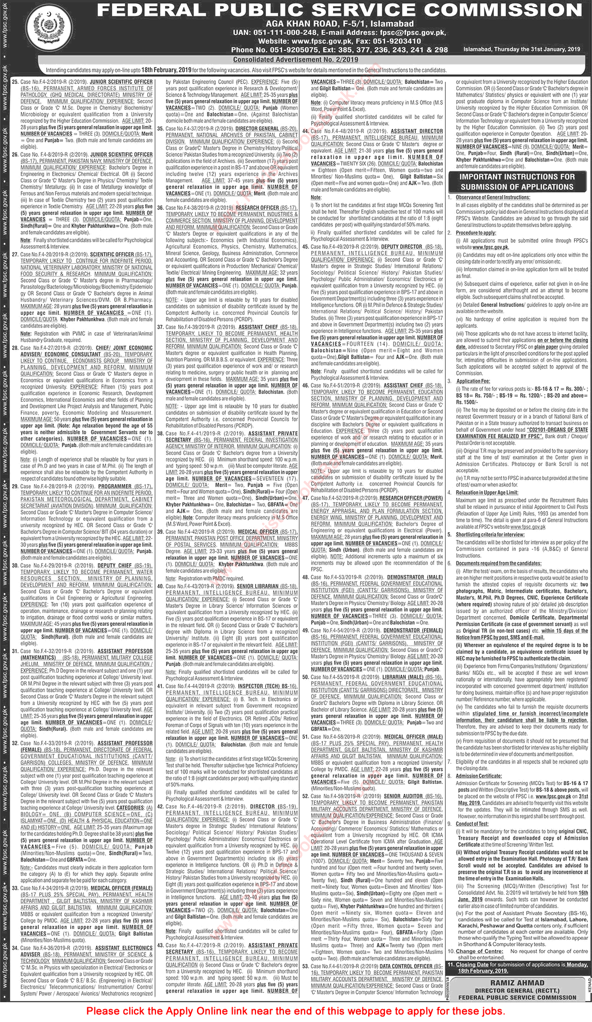 FPSC Jobs February 2019 Apply Online Consolidated Advertisement No 02/2019 2/2019 Latest