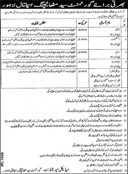 Government Said Mitha Teaching Hospital Lahore Jobs 2019 February Medical Officers / Consultants Latest
