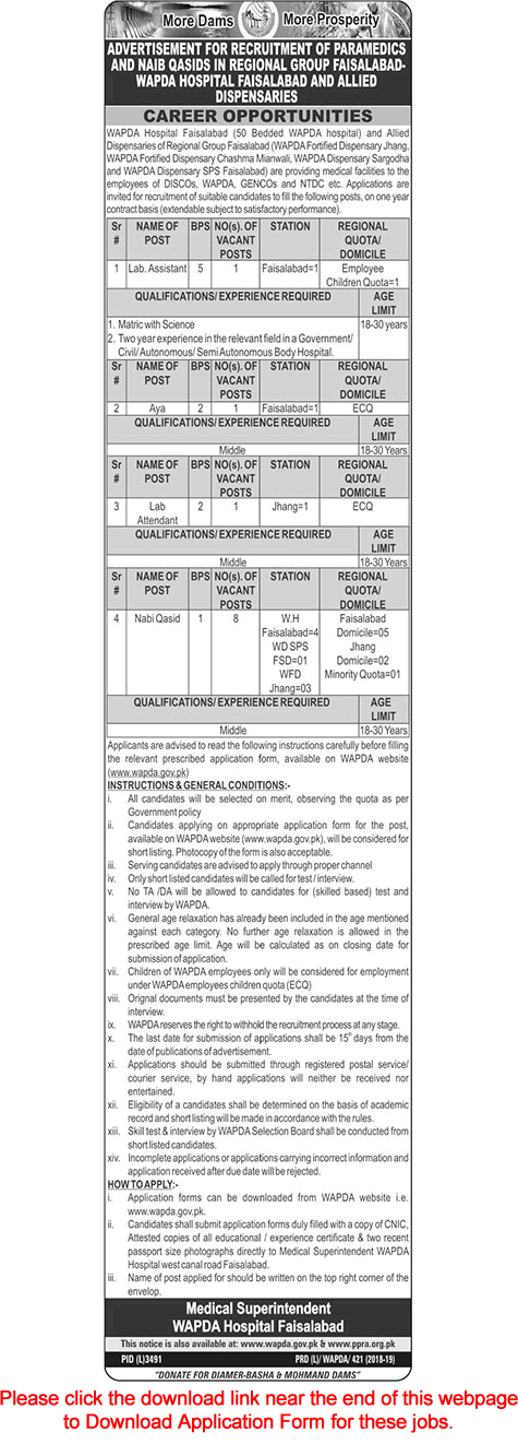 WAPDA Hospital Faisalabad Jobs 2019 May Application Form Naib Qasid & Others Latest