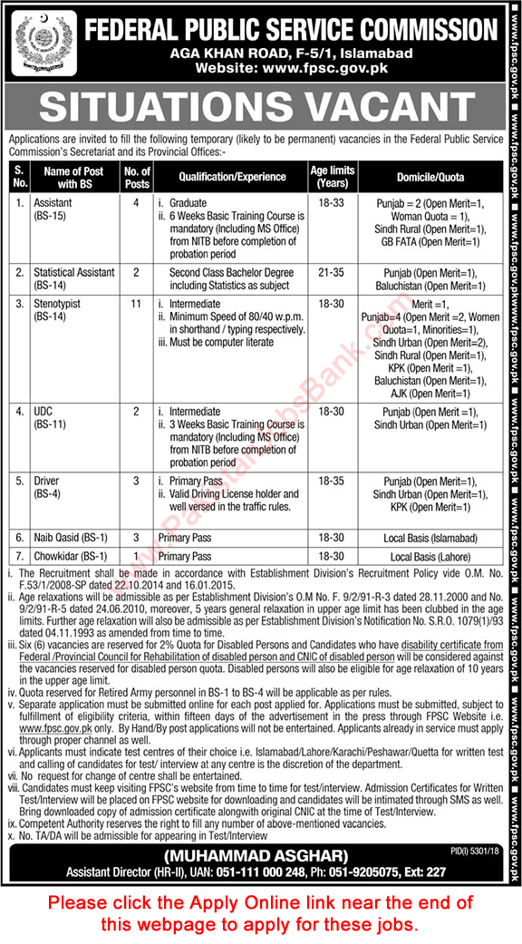 FPSC Jobs May 2019 Apply Online Stenotypists, Assistants, Naib Qasid & Others Latest