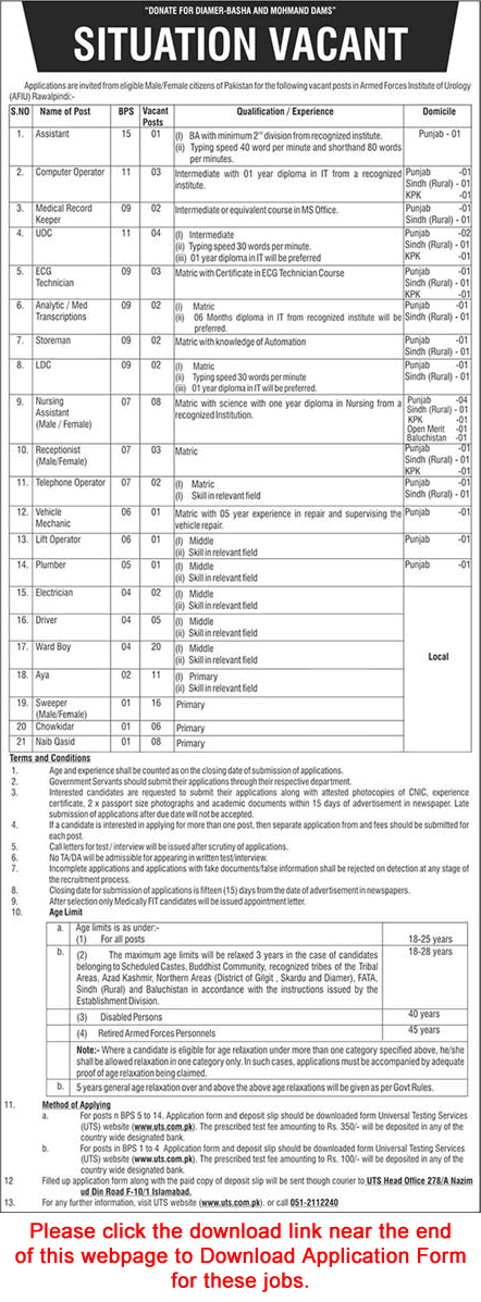 Armed Forces Institute of Urology Rawalpindi Jobs 2019 May UTS Application Form AFIU Latest