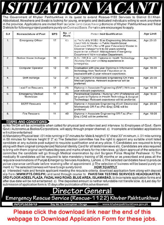 Rescue 1122 KPK Jobs July 2019 PTS Application Form Emergency Medical Technicians, Fire Rescuers & Others Latest