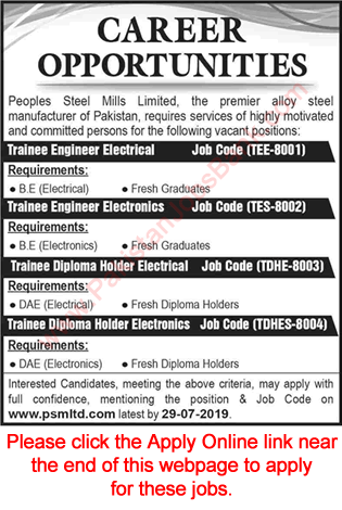 Peoples Steel Mills Limited Karachi Jobs July 2019 Apply Online Trainee Engineers Latest