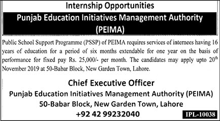 Punjab Education Initiatives Management Authority Internships 2019 November PSSP PEIMA Jobs Latest