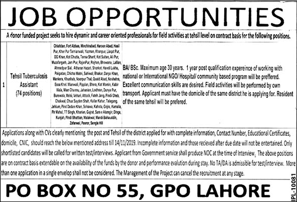 Tehsil Tuberculosis Assistant Jobs in PO Box 55 GPO Lahore 2019 November Latest