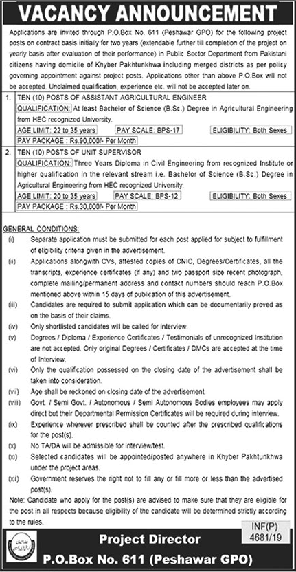 PO Box 611 GPO Peshawar Jobs 2019 November Agriculture Engineers & Unit Supervisors Latest