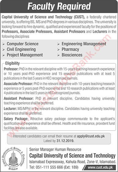 Capital University of Science and Technology Islamabad Jobs December 2019 CUST Teaching Faculty Latest