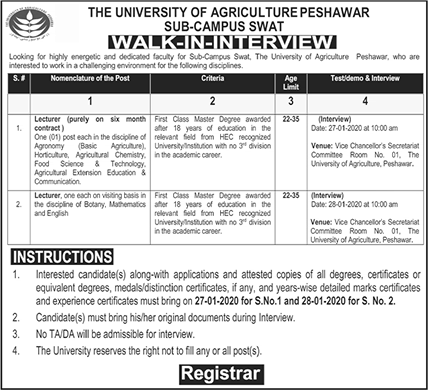 Lecturer Jobs in University of Agriculture Swat Campus 2020 January Walk in Interviews Latest
