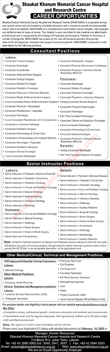 Shaukat Khanum Hospital Jobs 2020 February Medical Consultants, Instructors & Others Latest