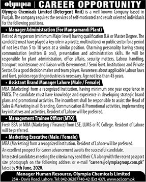 Olympia Chemicals Limited Pakistan Jobs 2020 May / June Management Trainee Officers & Others Latest