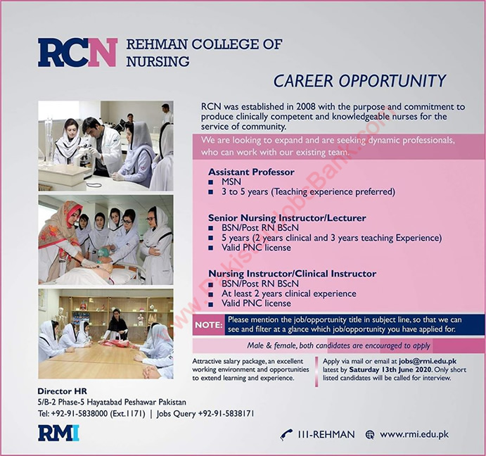 Rehman College of Nursing Peshawar Jobs 2020 June RMI Nursing Instructors & Associate Professors Latest