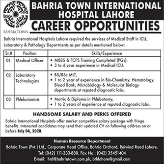 Bahria Town International Hospital Lahore Jobs 2020 June Lab Technologists, Phlebotomists & Medical Officer Latest