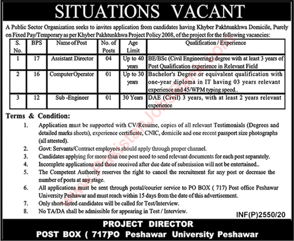 PO Box 717 Peshawar Jobs 2020 July Assistant Directors & Others Public Sector Organization Latest