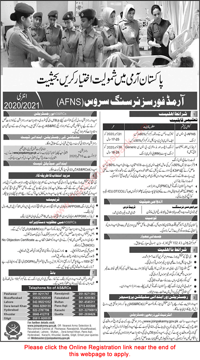 Join Pakistan Army as AFNS 2020 August Online Registrar Armed Forces Nursing Service Admissions Latest