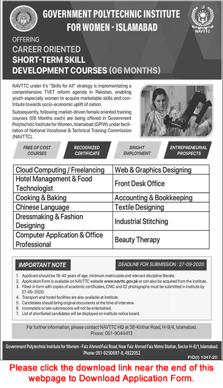 NAVTTC Free Courses in Islamabad September 2020 Application Form Government Polytechnic Institute for Women Latest