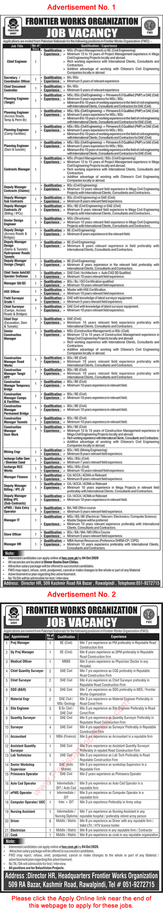 FWO Jobs September 2020 Apply Online Civil Engineers & Others Frontier Works Organization Latest