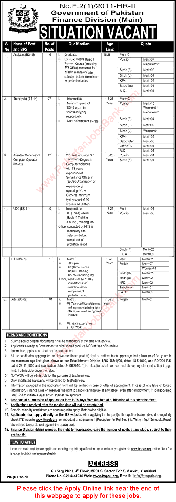 Finance Division Jobs October 2020 ITS Apply Online Stenotypists, Clerks, Assistants & Others Latest