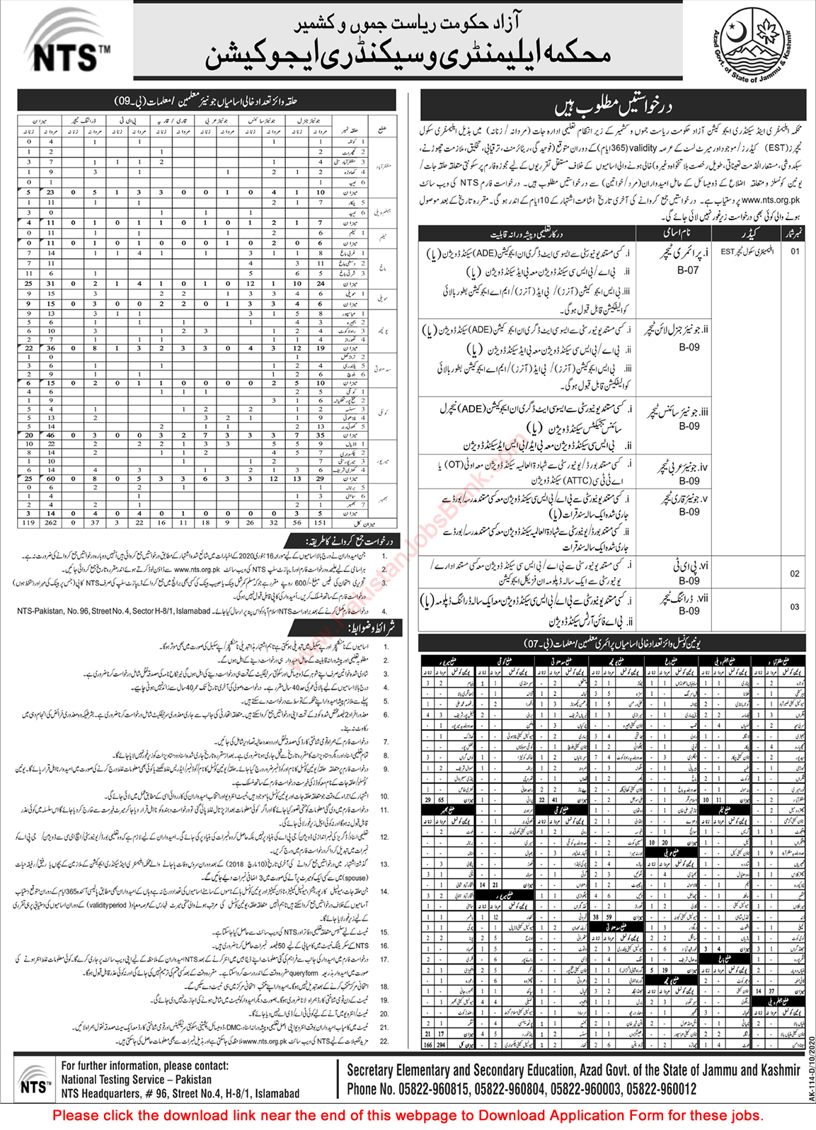 Elementary and Secondary Education Department AJK Jobs October 2020 Teachers NTS Application Form Latest