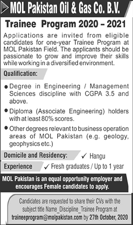 MOL Pakistan Oil and Gas Company Trainee Program 2020 October Latest