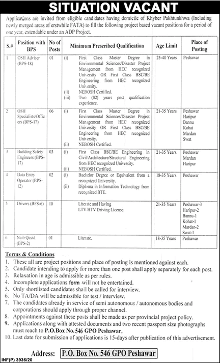 PO Box 546 Peshawar Jobs 2020 October Drivers & Others Public Sector Organization Latest
