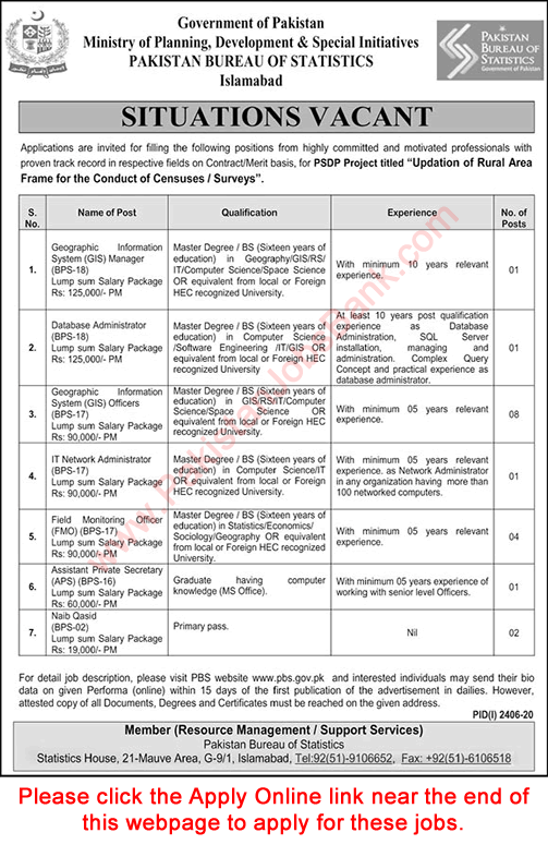 Pakistan Bureau of Statistics Jobs November 2020 Apply Online GIS Officers, Field Monitoring Officers & Others Latest