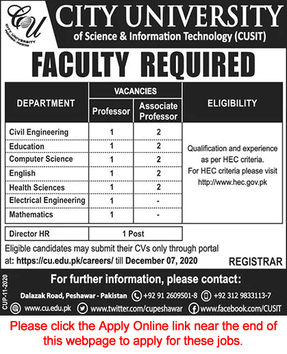 CUSIT Peshawar Jobs 2020 November / December Apply Online Teaching Faculty & Director HR Latest
