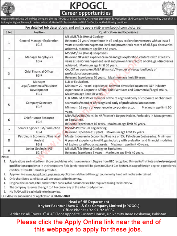 KPOGCL Jobs December 2020 Apply Online Khyber Pakhtunkhwa Oil and Gas Company Limited Latest