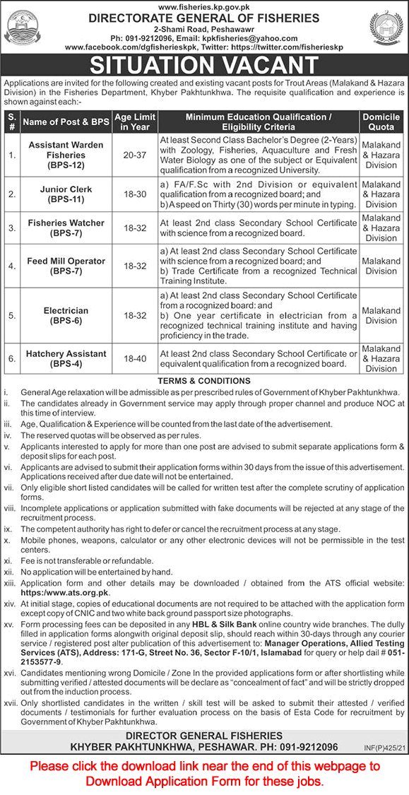 Fisheries Department KPK Jobs 2021 ATS Application Form Fisheries Watcher, Clerks & Others Latest