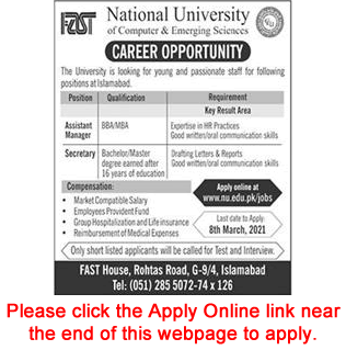 FAST National University Islamabad Jobs 2021 February / March Apply Online Assistant Manager & Secretary Latest