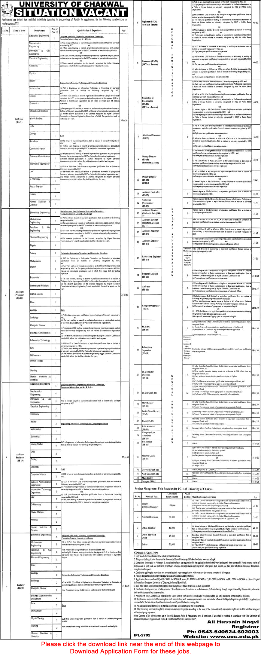 University of Chakwal Jobs 2021 March Application Form Teaching Faculty & Others Latest