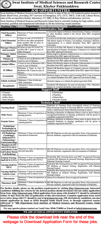 Swat Institute of Medical Sciences and Research Center Jobs 2021 April Application Form Latest
