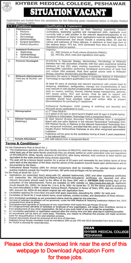 Khyber Medical College Peshawar Jobs 2021 May KMC MTI Application Form Latest