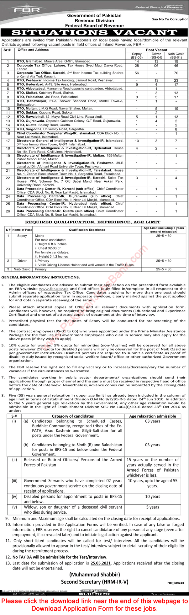 FBR Jobs May 2021 Application Form Sipahi, Naib Qasid & Drivers Federal Board of Revenue Latest