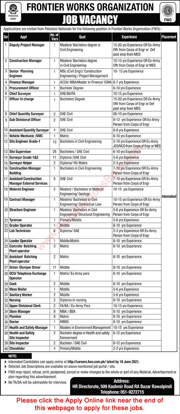 FWO Jobs May 2021 June Apply Online Civil Engineers, Drivers & Others Frontier Works Organization Latest