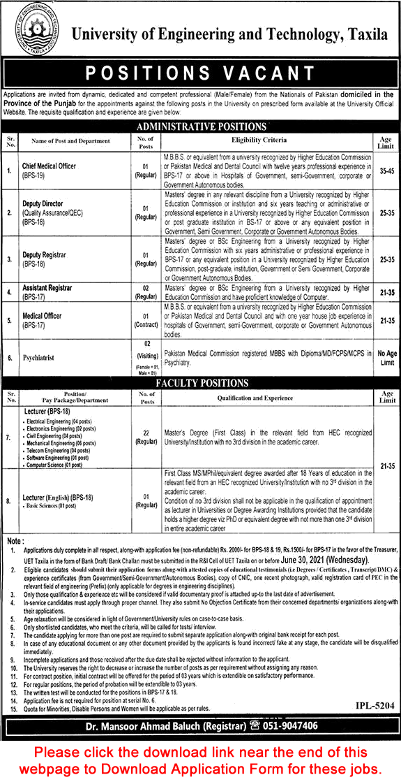 UET Taxila Jobs 2021 June Application Form University of Engineering and Technology Latest
