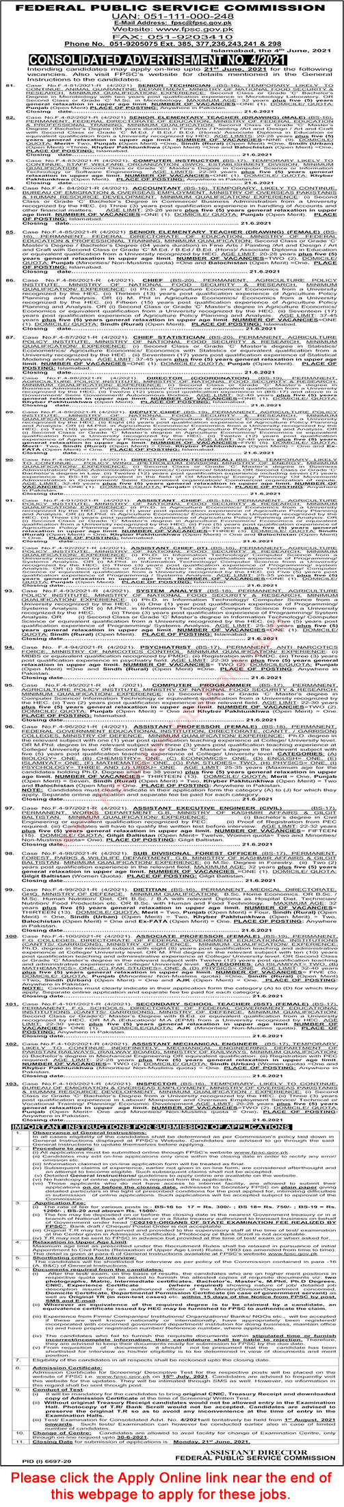 FPSC Jobs June 2021 Apply Online Consolidated Advertisement No 04/2021 4/2021 Latest