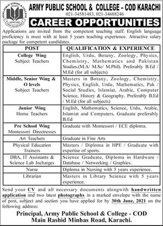 Army Public School and College COD Karachi Jobs 2021 June Teachers & Others APS&C Latest