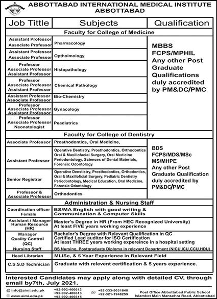 Abbottabad International Medical Institute Jobs 2021 June Teaching Faculty & Others Latest