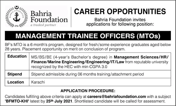 Management Trainee Officer Jobs in Bahria Foundation Karachi 2021 July MTO Program Latest