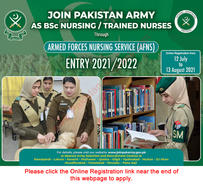 Join Pakistan Army as AFNS 2021 July Online Registration Armed Forces Nursing Service Admissions Latest