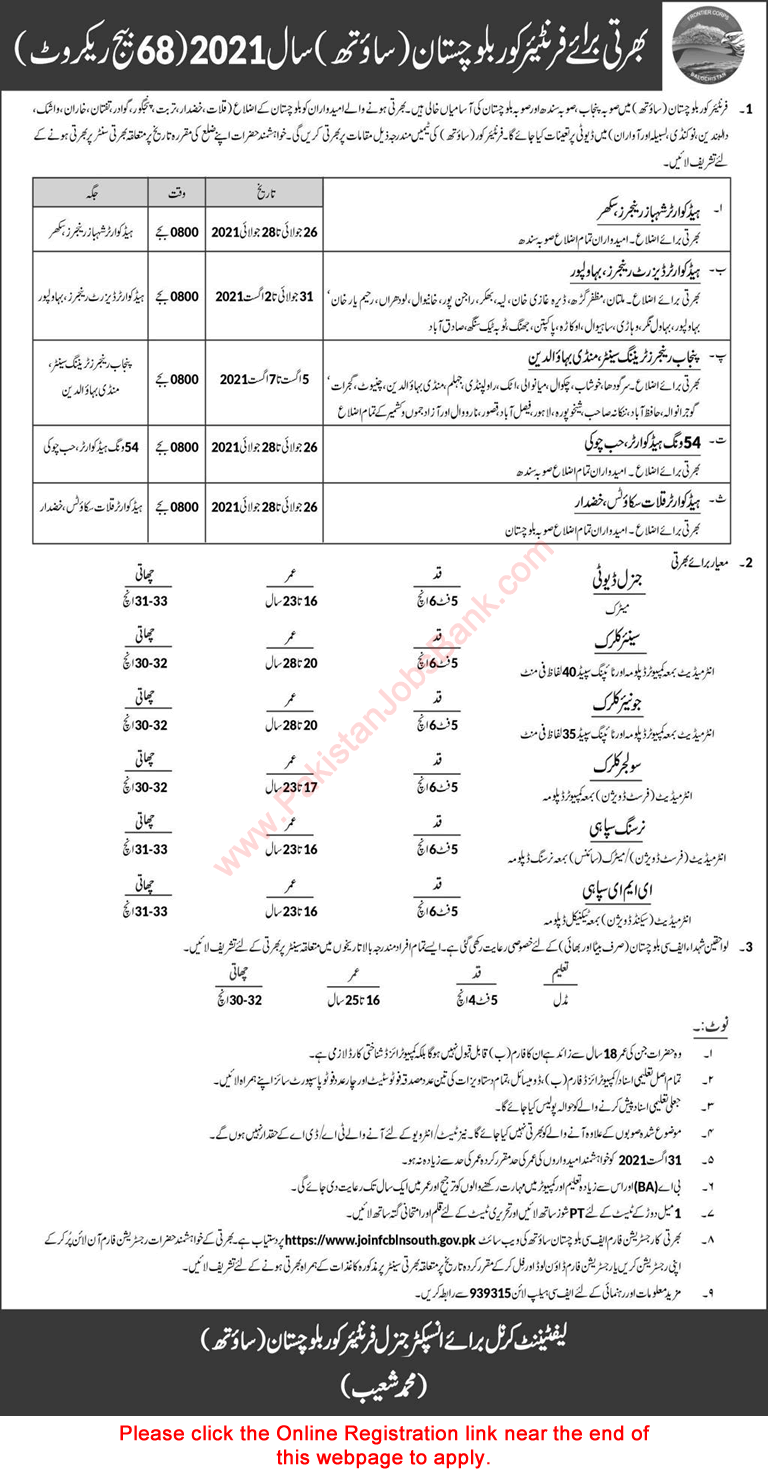 Frontier Corps Balochistan Jobs July 2021 Online Registration FC Sipahi & Others Latest