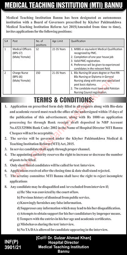 Medical Teaching Institution Bannu Jobs July 2021 August MTI Charge Nurses & Medical Officers Latest