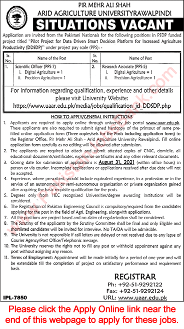 Arid Agriculture University Rawalpindi Jobs August 2021 Apply Online Scientific Officer & Research Associates Latest