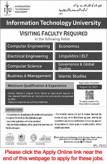 Information Technology University Lahore Jobs August 2021 Apply Online Visiting / Teaching Faculty Latest