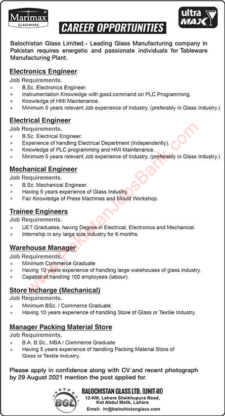 Balochistan Glass Limited Jobs August 2021 Trainee Engineers & Others Latest