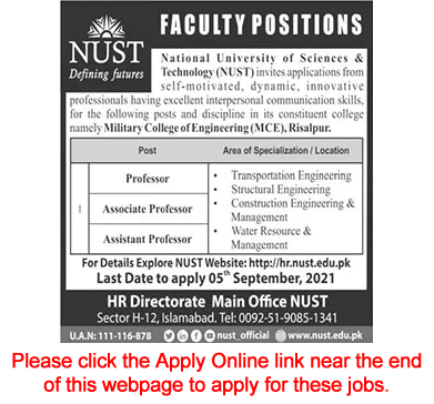 Teaching Faculty Jobs in NUST Risalpur August 2021 Apply Online Military College of Engineering MCE Latest