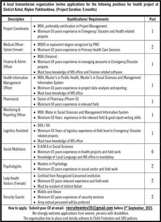 NGO Jobs in KPK 2021 August / September Kohat Social Mobilizers, Lady Health Workers & Others Latest