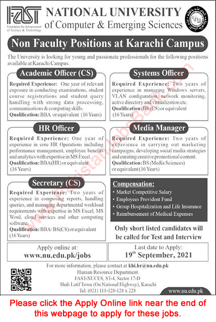 FAST National University Karachi Jobs September 2021 Apply Online HR / System Officer & Others Latest