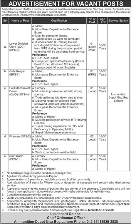 Ammunition Depot Niaz Beg Lahore Jobs 2021 September Clerk, Naib Qasid & Others Pakistan Army Latest