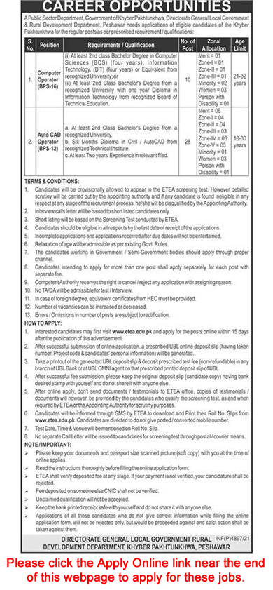 Local Government and Rural Development Department Peshawar Jobs 2021 September ETEA Apply Online Latest